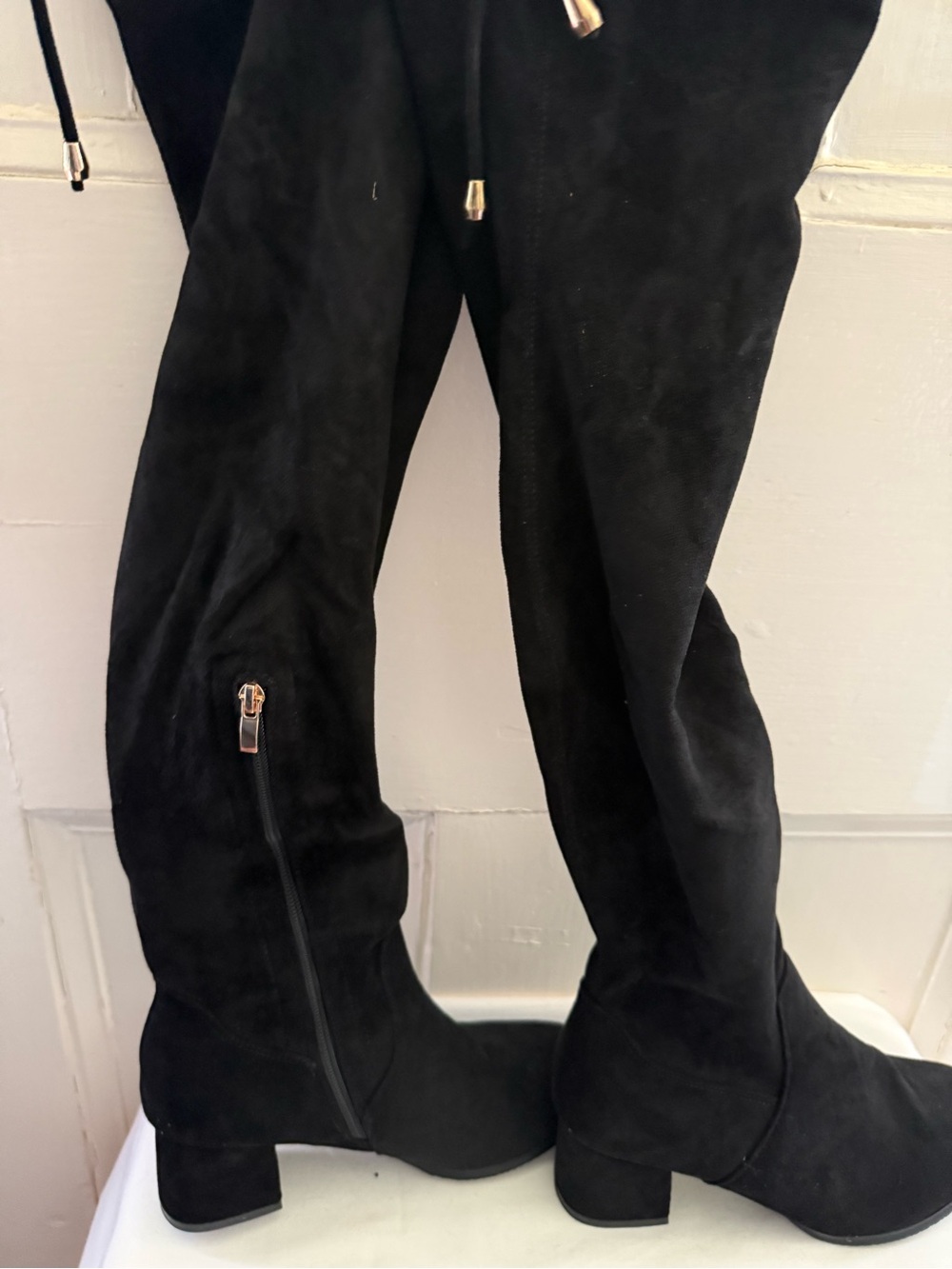 Black Suede Over-the-Knee Boots with Side Zip Accent